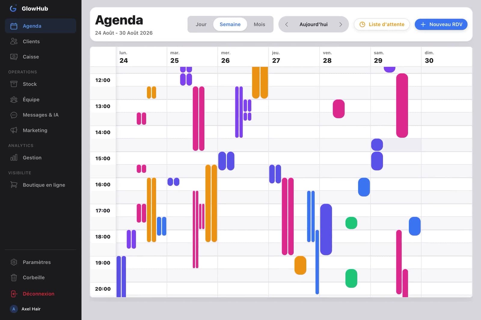 Aperçu Agenda & Réservations — GlowHub