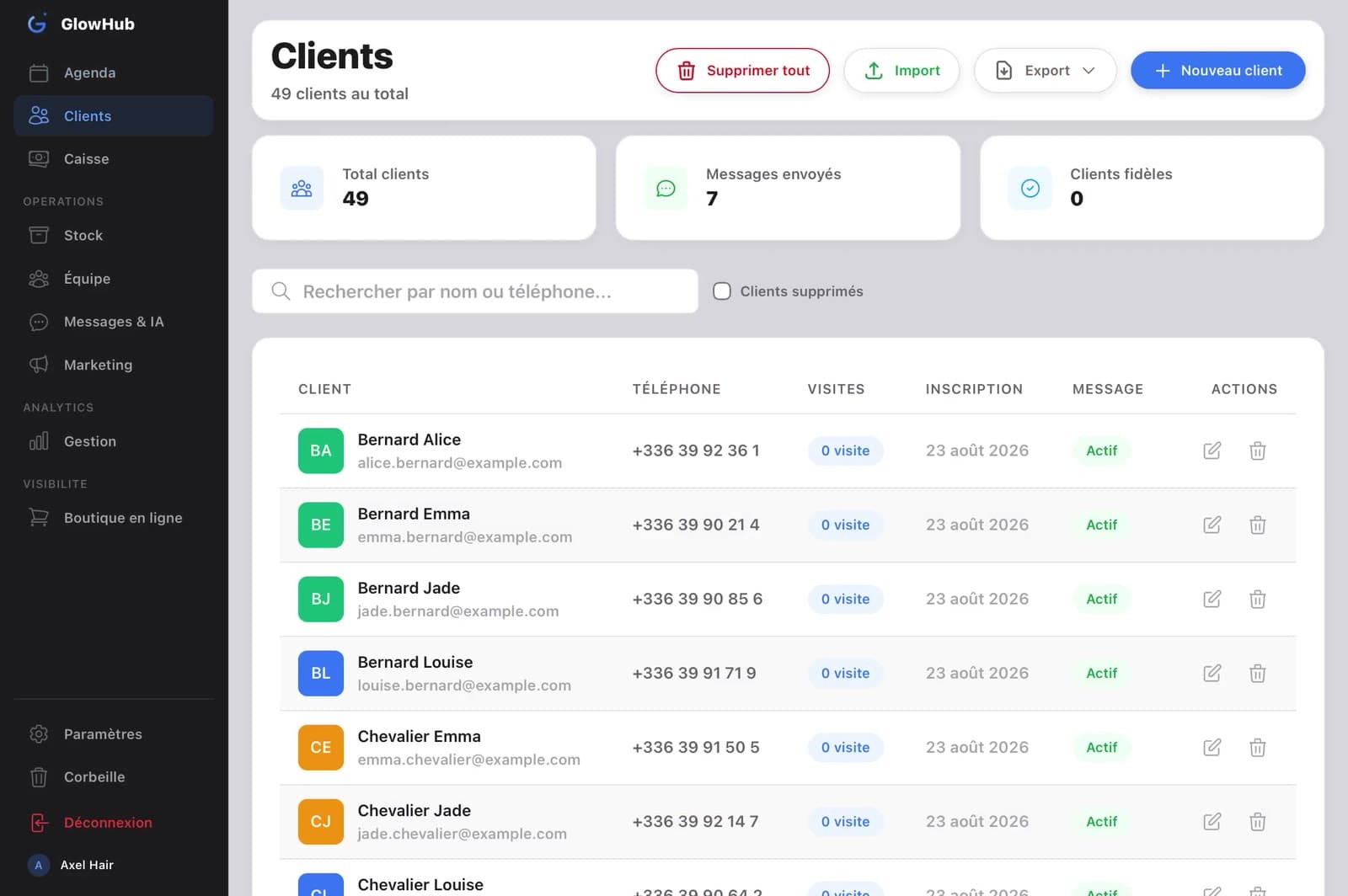Aperçu Gestion Clients — GlowHub