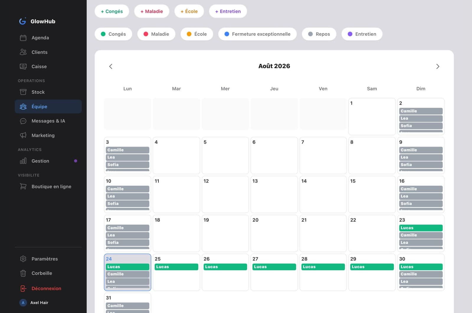Aperçu Gestion d'Équipe — GlowHub