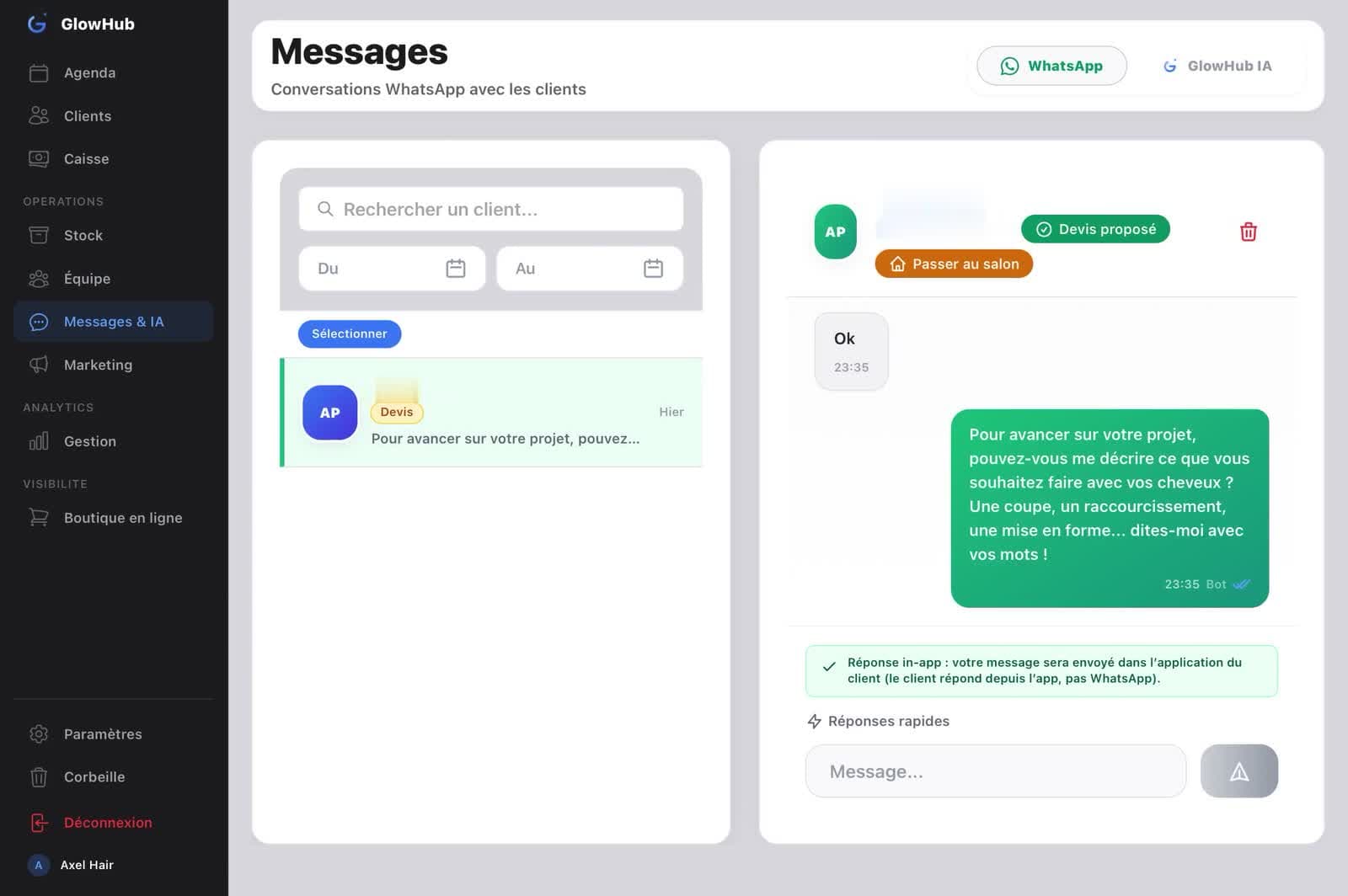 Aperçu Messages & IA — GlowHub