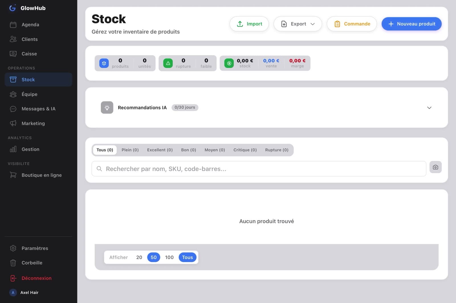 Aperçu Gestion des Stocks — GlowHub